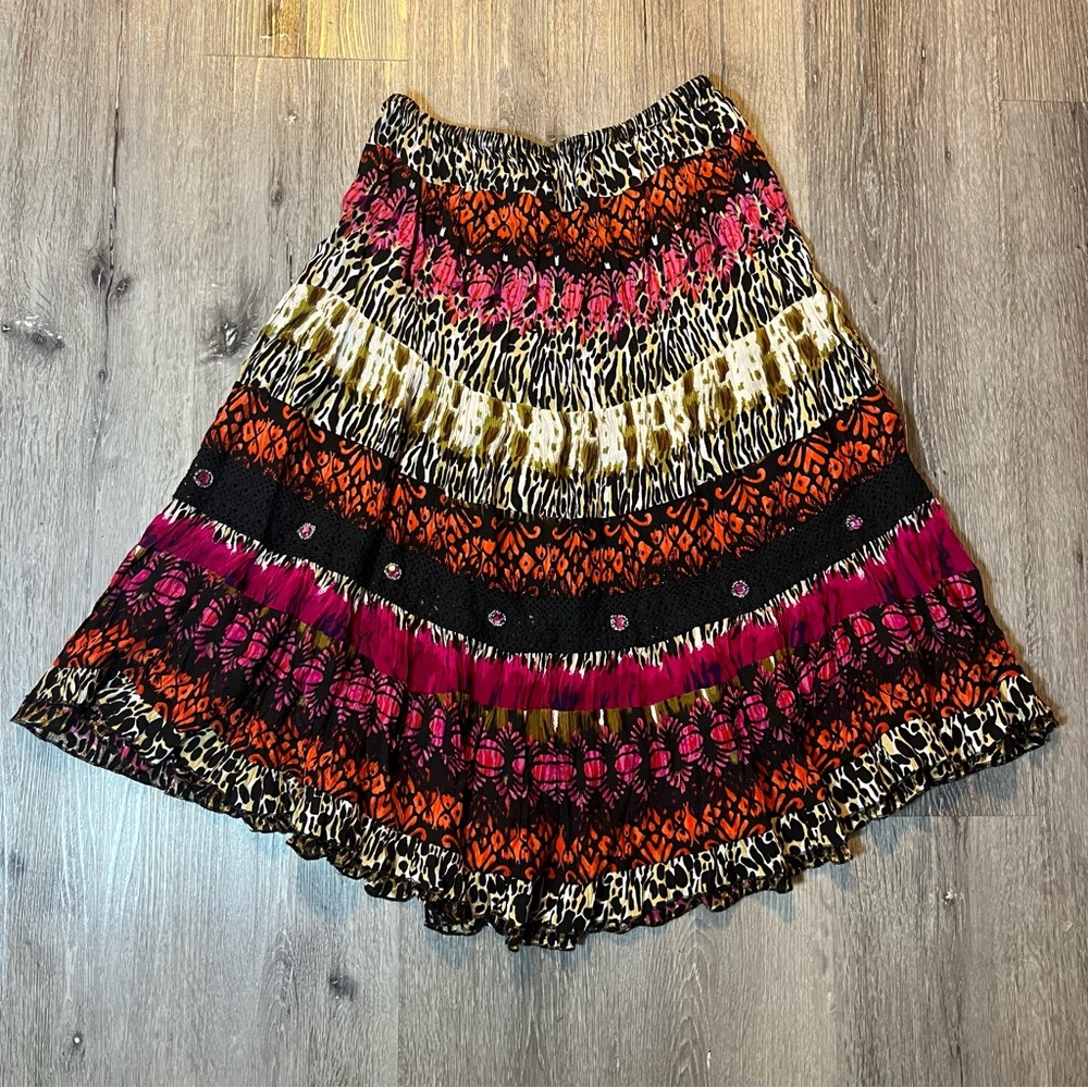 Forbiden Los Angeles Tiered Multi Print Midi Skirt Size Small Boho Festival Y2K